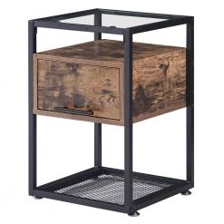 Brown End Table with Flip Drawer, Open Storage Shelf, Tempered Glass Night Stands 23.6 in. H x 15.7 in. W x 15.7 in. D by VECELO