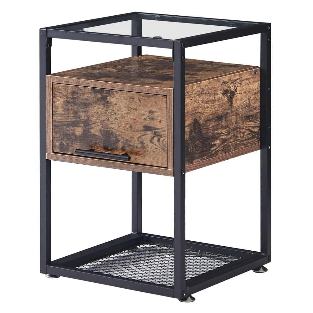 Brown End Table with Flip Drawer, Open Storage Shelf, Tempered Glass Night Stands 23.6 in. H x 15.7 in. W x 15.7 in. D by VECELO 3 Brown End Table with Flip Drawer, Open Storage Shelf, Tempered Glass Night Stands 23.6 in. H x 15.7 in. W x 15.7 in. D by VECELO
