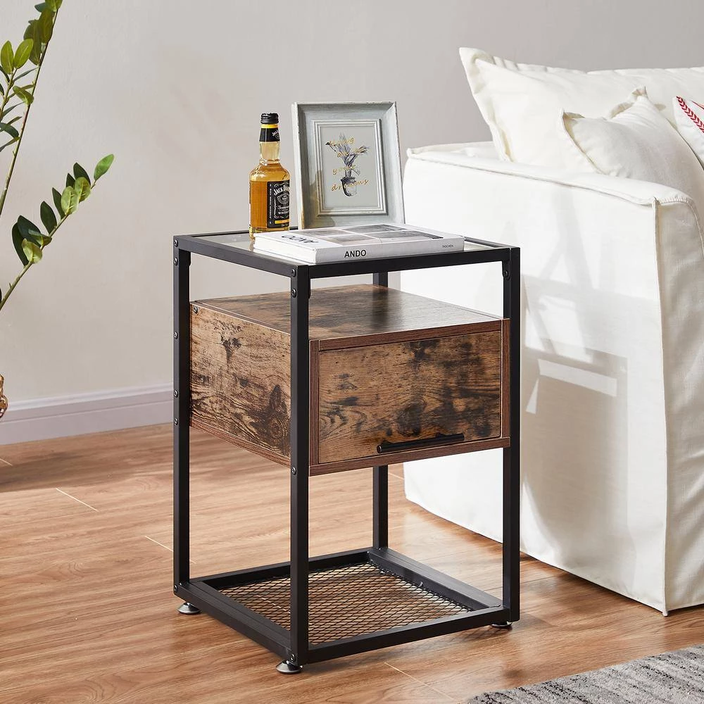 Brown End Table with Flip Drawer, Open Storage Shelf, Tempered Glass Night Stands 23.6 in. H x 15.7 in. W x 15.7 in. D by VECELO 5 Brown End Table with Flip Drawer, Open Storage Shelf, Tempered Glass Night Stands 23.6 in. H x 15.7 in. W x 15.7 in. D by VECELO - Image 3