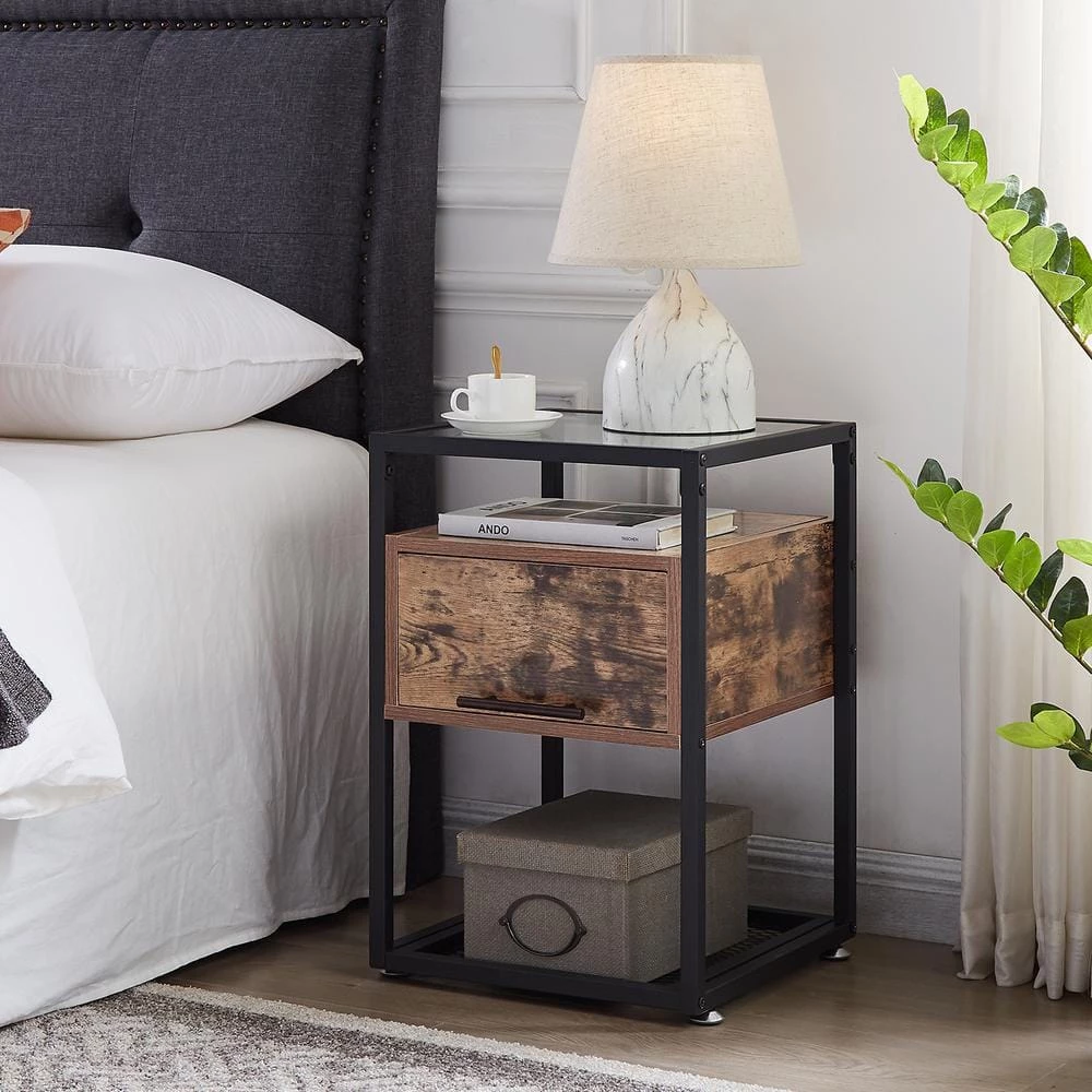 Brown End Table with Flip Drawer, Open Storage Shelf, Tempered Glass Night Stands 23.6 in. H x 15.7 in. W x 15.7 in. D by VECELO 4 Brown End Table with Flip Drawer, Open Storage Shelf, Tempered Glass Night Stands 23.6 in. H x 15.7 in. W x 15.7 in. D by VECELO - Image 2