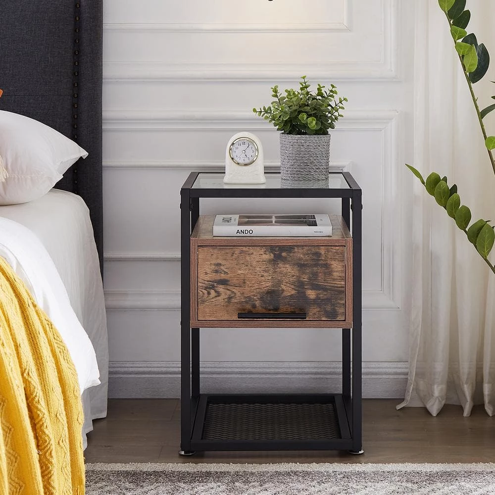 Brown End Table with Flip Drawer, Open Storage Shelf, Tempered Glass Night Stands 23.6 in. H x 15.7 in. W x 15.7 in. D by VECELO 9 Brown End Table with Flip Drawer, Open Storage Shelf, Tempered Glass Night Stands 23.6 in. H x 15.7 in. W x 15.7 in. D by VECELO - Image 7