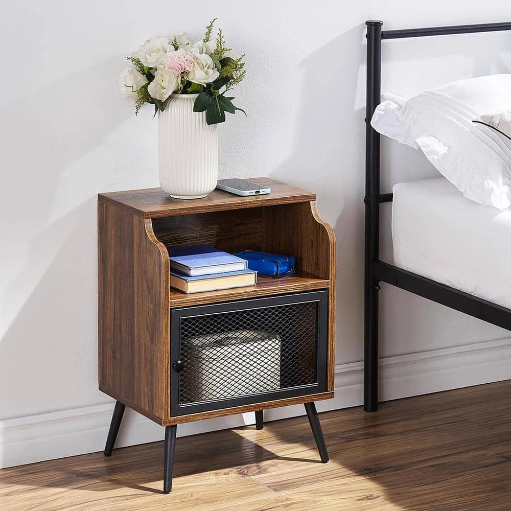 Nightstand, 3-Tier End Table with Grid Door, Side Table for Small Spaces, Metal Legs, Brown,22"Tx11.8"Wx15.7"L by VECELO 8 Nightstand, 3-Tier End Table with Grid Door, Side Table for Small Spaces, Metal Legs, Brown,22"Tx11.8"Wx15.7"L by VECELO - Image 6