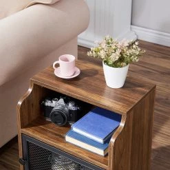 Nightstand, 3-Tier End Table with Grid Door, Side Table for Small Spaces, Metal Legs, Brown,22"Tx11.8"Wx15.7"L by VECELO 16 Nightstand, 3-Tier End Table with Grid Door, Side Table for Small Spaces, Metal Legs, Brown,22"Tx11.8"Wx15.7"L by VECELO -Camaflexi Shop brown vecelo nightstands khd mx ns18 rbn 44 1000