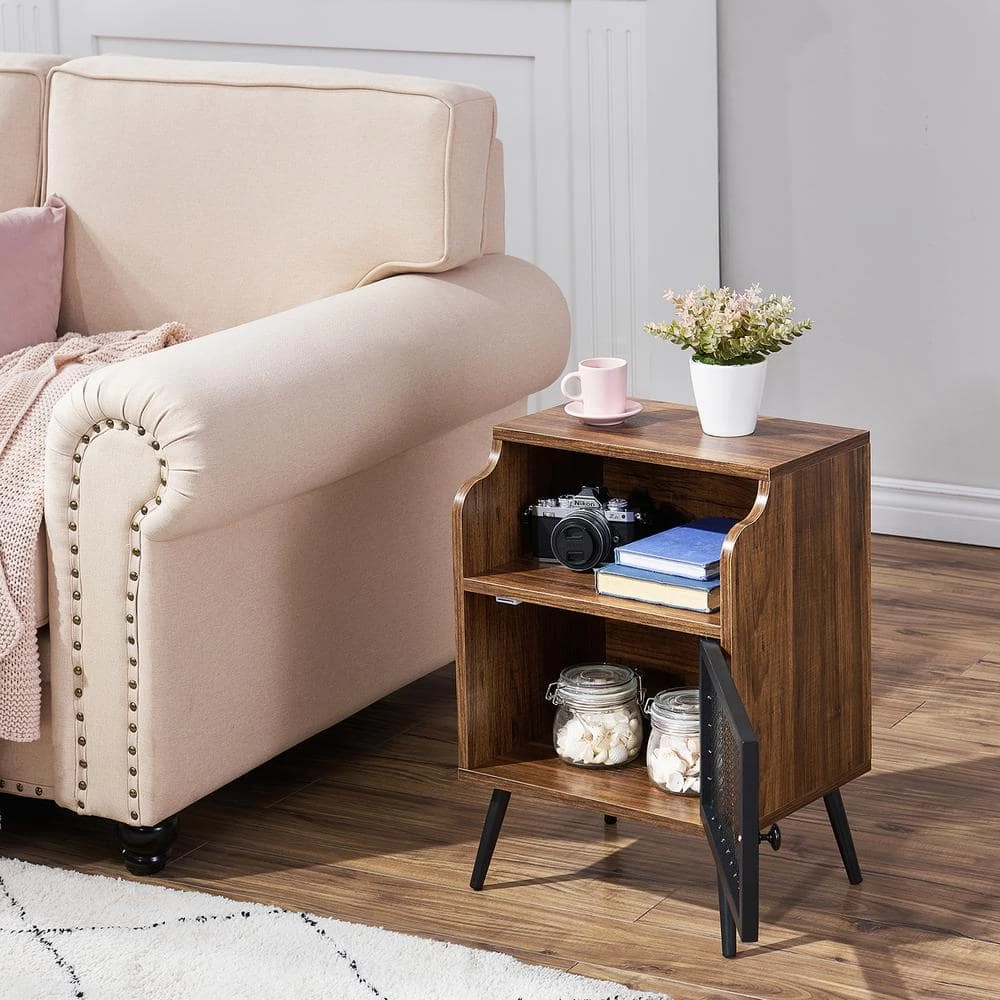 Nightstand, 3-Tier End Table with Grid Door, Side Table for Small Spaces, Metal Legs, Brown,22"Tx11.8"Wx15.7"L by VECELO 5 Nightstand, 3-Tier End Table with Grid Door, Side Table for Small Spaces, Metal Legs, Brown,22"Tx11.8"Wx15.7"L by VECELO - Image 3