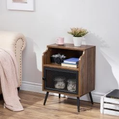 Nightstand, 3-Tier End Table with Grid Door, Side Table for Small Spaces, Metal Legs, Brown,22"Tx11.8"Wx15.7"L by VECELO 13 Nightstand, 3-Tier End Table with Grid Door, Side Table for Small Spaces, Metal Legs, Brown,22"Tx11.8"Wx15.7"L by VECELO -Camaflexi Shop brown vecelo nightstands khd mx ns18 rbn c3 1000