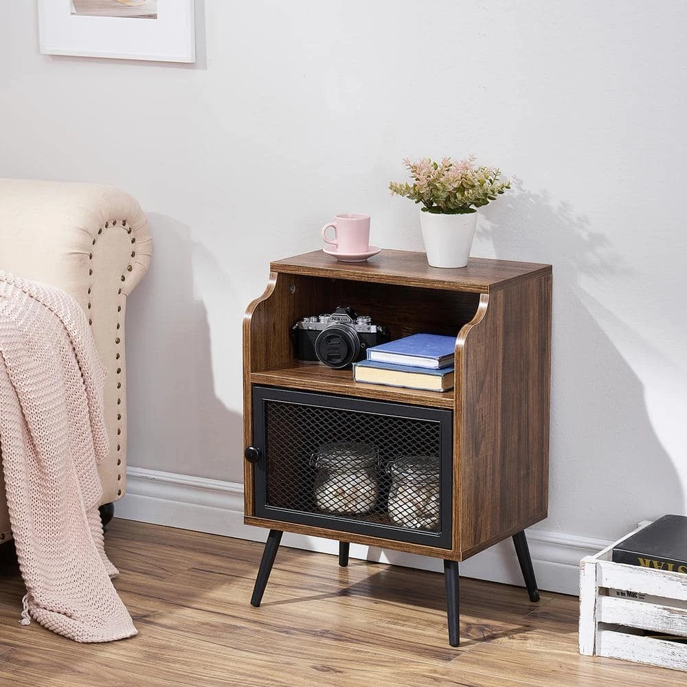 Nightstand, 3-Tier End Table with Grid Door, Side Table for Small Spaces, Metal Legs, Brown,22"Tx11.8"Wx15.7"L by VECELO 6 Nightstand, 3-Tier End Table with Grid Door, Side Table for Small Spaces, Metal Legs, Brown,22"Tx11.8"Wx15.7"L by VECELO - Image 4