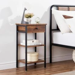 Brown Nightstand, Side, End Table with 1 Drawer, 3-Tier Slim Bedside Table 15.7 in. L x 11.8 in. W x 27.6 in. H by VECELO 14 Brown Nightstand, Side, End Table with 1 Drawer, 3-Tier Slim Bedside Table 15.7 in. L x 11.8 in. W x 27.6 in. H by VECELO -Camaflexi Shop brown vecelo nightstands khd mx tns02 brn 1f 1000