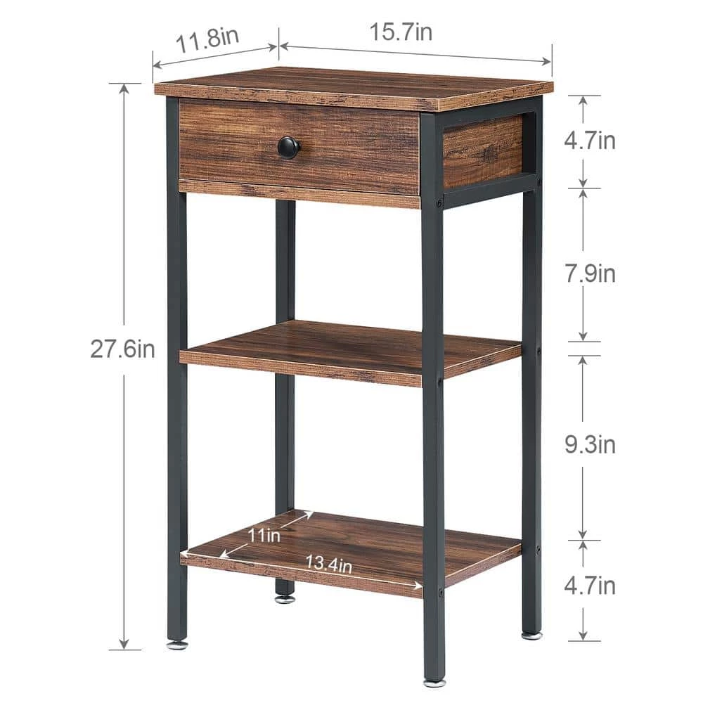 Brown Nightstand, Side, End Table with 1 Drawer, 3-Tier Slim Bedside Table 15.7 in. L x 11.8 in. W x 27.6 in. H by VECELO 8 Brown Nightstand, Side, End Table with 1 Drawer, 3-Tier Slim Bedside Table 15.7 in. L x 11.8 in. W x 27.6 in. H by VECELO - Image 6