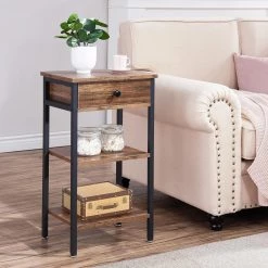Brown Nightstand, Side, End Table with 1 Drawer, 3-Tier Slim Bedside Table 15.7 in. L x 11.8 in. W x 27.6 in. H by VECELO 13 Brown Nightstand, Side, End Table with 1 Drawer, 3-Tier Slim Bedside Table 15.7 in. L x 11.8 in. W x 27.6 in. H by VECELO -Camaflexi Shop brown vecelo nightstands khd mx tns02 brn 4f 1000
