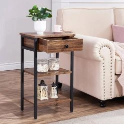 Brown Nightstand, Side, End Table with 1 Drawer, 3-Tier Slim Bedside Table 15.7 in. L x 11.8 in. W x 27.6 in. H by VECELO 12 Brown Nightstand, Side, End Table with 1 Drawer, 3-Tier Slim Bedside Table 15.7 in. L x 11.8 in. W x 27.6 in. H by VECELO -Camaflexi Shop brown vecelo nightstands khd mx tns02 brn c3 1000