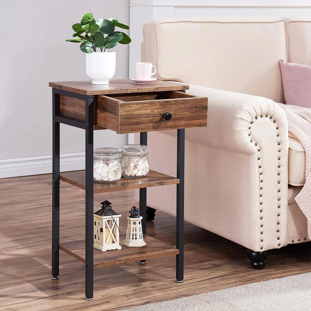 Brown Nightstand, Side, End Table with 1 Drawer, 3-Tier Slim Bedside Table 15.7 in. L x 11.8 in. W x 27.6 in. H by VECELO 5 Brown Nightstand, Side, End Table with 1 Drawer, 3-Tier Slim Bedside Table 15.7 in. L x 11.8 in. W x 27.6 in. H by VECELO - Image 3
