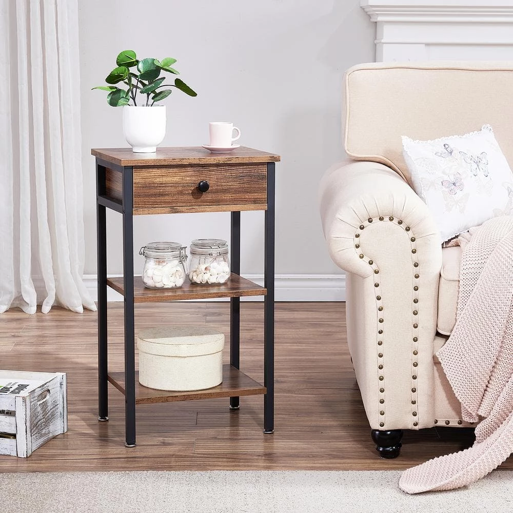 Brown Nightstand, Side, End Table with 1 Drawer, 3-Tier Slim Bedside Table 15.7 in. L x 11.8 in. W x 27.6 in. H by VECELO 4 Brown Nightstand, Side, End Table with 1 Drawer, 3-Tier Slim Bedside Table 15.7 in. L x 11.8 in. W x 27.6 in. H by VECELO - Image 2