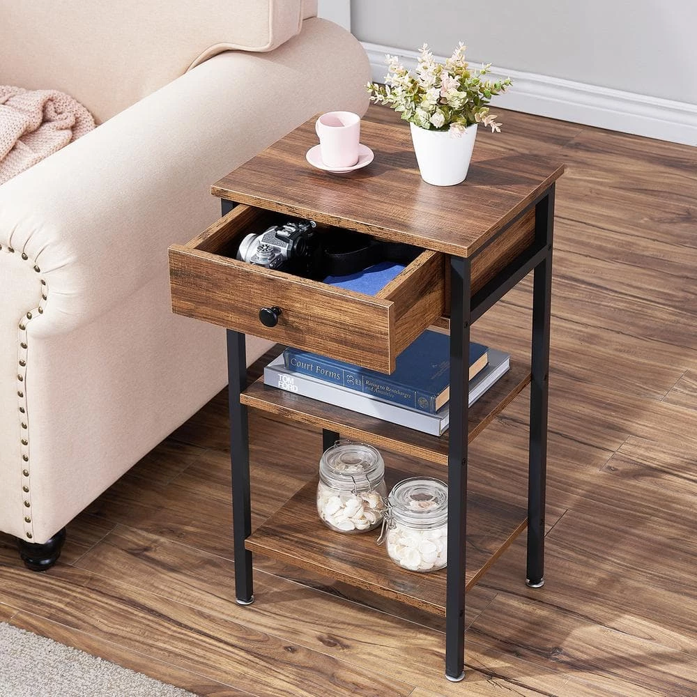 Brown Nightstand, Side, End Table with 1 Drawer, 3-Tier Slim Bedside Table 15.7 in. L x 11.8 in. W x 27.6 in. H by VECELO 9 Brown Nightstand, Side, End Table with 1 Drawer, 3-Tier Slim Bedside Table 15.7 in. L x 11.8 in. W x 27.6 in. H by VECELO - Image 7
