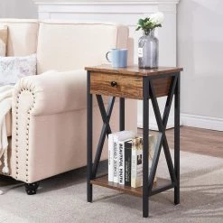 Brown Modern End Side Table with Storage Space 1-Drawer and X-Design Nightstands 15.7 in. L x 11.8 in. W x 27.6 in. H by VECELO -Camaflexi Shop brown vecelo nightstands khd mx tns03 brn 1f 1000