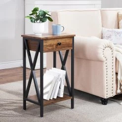 Brown Modern End Side Table with Storage Space 1-Drawer and X-Design Nightstands 15.7 in. L x 11.8 in. W x 27.6 in. H by VECELO -Camaflexi Shop brown vecelo nightstands khd mx tns03 brn 44 1000