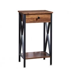 Brown Modern End Side Table with Storage Space 1-Drawer and X-Design Nightstands 15.7 in. L x 11.8 in. W x 27.6 in. H by VECELO