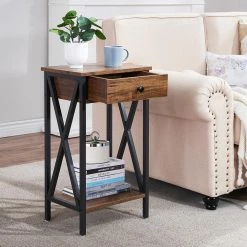 Brown Modern End Side Table with Storage Space 1-Drawer and X-Design Nightstands 15.7 in. L x 11.8 in. W x 27.6 in. H by VECELO -Camaflexi Shop brown vecelo nightstands khd mx tns03 brn 66 1000