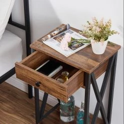 Brown Modern End Side Table with Storage Space 1-Drawer and X-Design Nightstands 15.7 in. L x 11.8 in. W x 27.6 in. H by VECELO -Camaflexi Shop brown vecelo nightstands khd mx tns03 brn 76 1000