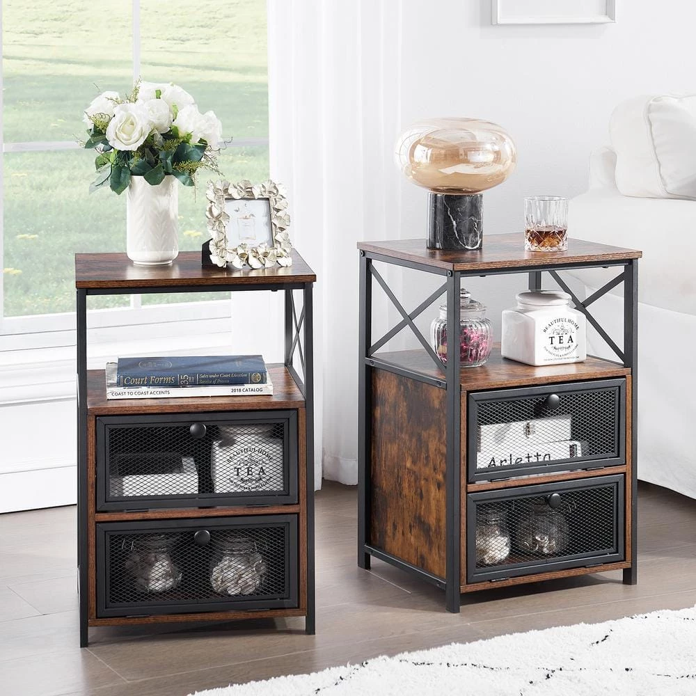 2-Pieces Brown NightStand & End Side Table w/ Storage Space & Door NightStand w/ Flip Drawers 15.7in.x 13.8in.x 23.8in. by VECELO 8 2-Pieces Brown NightStand & End Side Table w/ Storage Space & Door NightStand w/ Flip Drawers 15.7in.x 13.8in.x 23.8in. by VECELO - Image 6