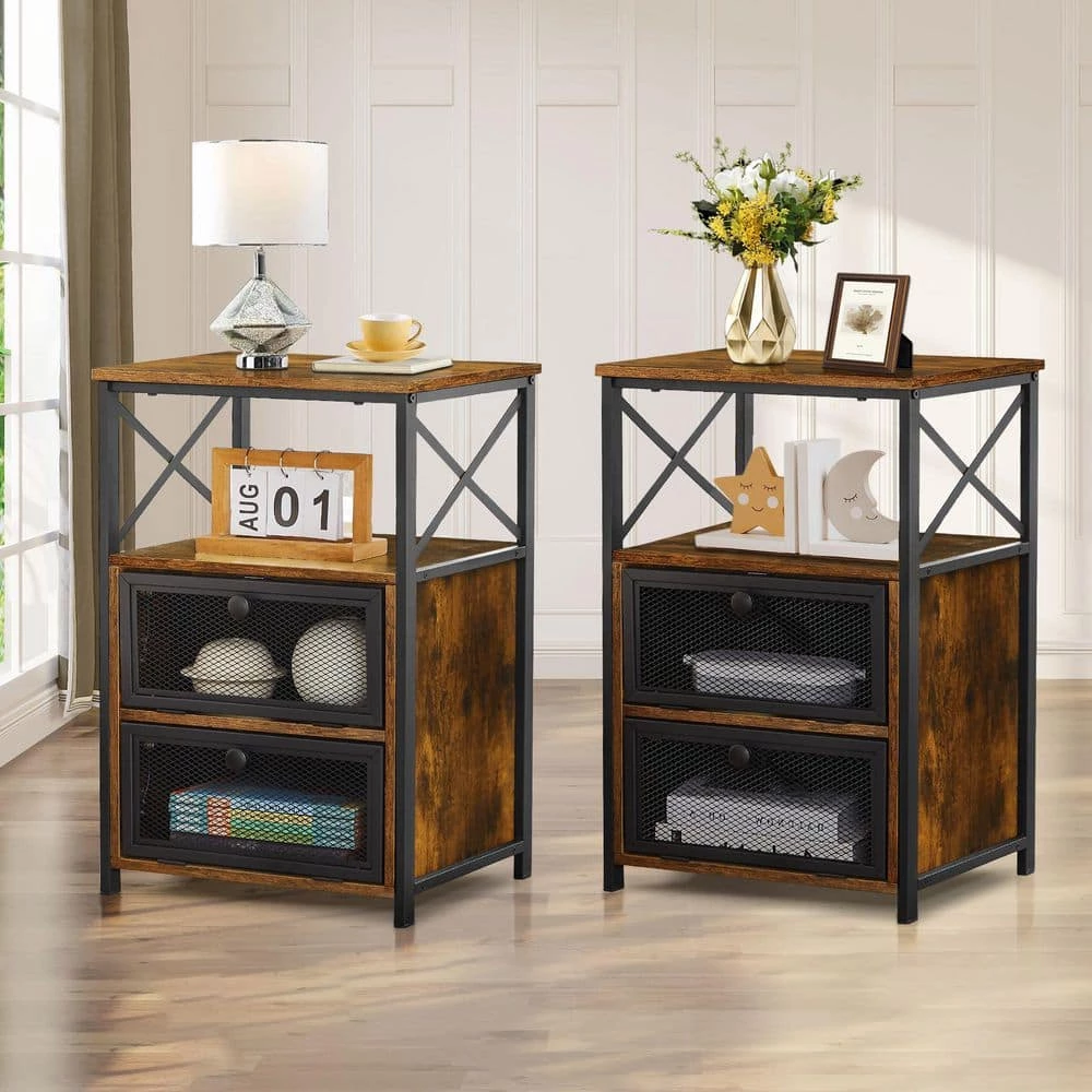 2-Pieces Brown NightStand & End Side Table w/ Storage Space & Door NightStand w/ Flip Drawers 15.7in.x 13.8in.x 23.8in. by VECELO 4 2-Pieces Brown NightStand & End Side Table w/ Storage Space & Door NightStand w/ Flip Drawers 15.7in.x 13.8in.x 23.8in. by VECELO - Image 2