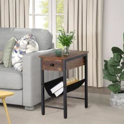 Side Table Narrow End Table with 1-Drawer and Magazine Holder Sling 19.7 x 11.87 x 24 in. Industrial Nightstand Brown by VECELO -Camaflexi Shop brown vecelo nightstands khd xf st11 1f 1000