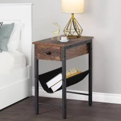 Side Table Narrow End Table with 1-Drawer and Magazine Holder Sling 19.7 x 11.87 x 24 in. Industrial Nightstand Brown by VECELO -Camaflexi Shop brown vecelo nightstands khd xf st11 31 1000