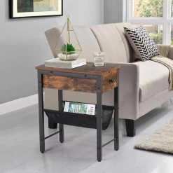 Side Table Narrow End Table with 1-Drawer and Magazine Holder Sling 19.7 x 11.87 x 24 in. Industrial Nightstand Brown by VECELO -Camaflexi Shop brown vecelo nightstands khd xf st11 44 1000