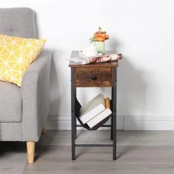 Side Table Narrow End Table with 1-Drawer and Magazine Holder Sling 19.7 x 11.87 x 24 in. Industrial Nightstand Brown by VECELO -Camaflexi Shop brown vecelo nightstands khd xf st11 66 1000