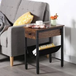 Side Table Narrow End Table with 1-Drawer and Magazine Holder Sling 19.7 x 11.87 x 24 in. Industrial Nightstand Brown by VECELO -Camaflexi Shop brown vecelo nightstands khd xf st11 c3 1000