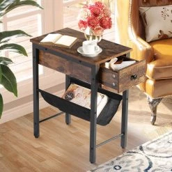 Side Table Narrow End Table with 1-Drawer and Magazine Holder Sling 19.7 x 11.87 x 24 in. Industrial Nightstand Brown by VECELO -Camaflexi Shop brown vecelo nightstands khd xf st11 fa 1000