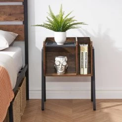 Modern End Side Table, Brown Industrial Sturdy Accent Desk, Stable Metal Frame and Shelves Nightstand, 18"x11.8"x23.6" by VECELO -Camaflexi Shop brown vecelo nightstands khd xf st12 31 1000