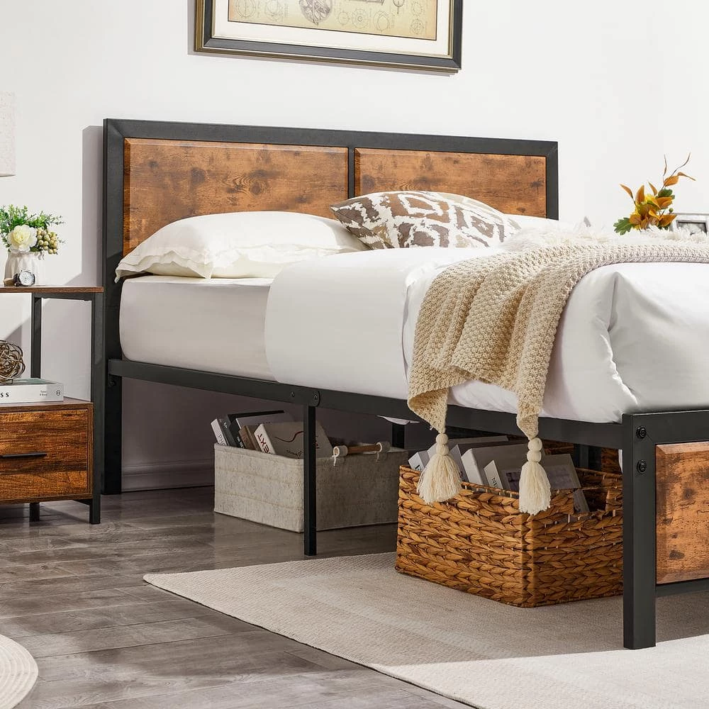Full Size Platform Metal Bed Frame with Wooden Headboard and Footboard,Rustic Country Style Bed Frame,56.6"W,Brown by VECELO 8 Full Size Platform Metal Bed Frame with Wooden Headboard and Footboard,Rustic Country Style Bed Frame,56.6"W,Brown by VECELO - Image 6
