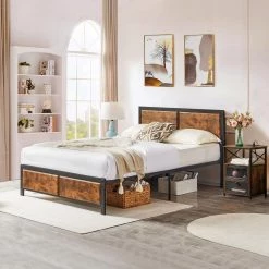 Full Size Platform Metal Bed Frame with Wooden Headboard and Footboard,Rustic Country Style Bed Frame,56.6"W,Brown by VECELO 13 Full Size Platform Metal Bed Frame with Wooden Headboard and Footboard,Rustic Country Style Bed Frame,56.6"W,Brown by VECELO -Camaflexi Shop brown vecelo platform beds khd btj mbf04 rbn 4f 1000