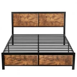 Full Size Platform Metal Bed Frame with Wooden Headboard and Footboard，Rustic Country Style Bed Frame，56.6"W，Brown by VECELO