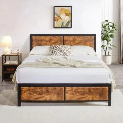 Full Size Platform Metal Bed Frame with Wooden Headboard and Footboard,Rustic Country Style Bed Frame,56.6"W,Brown by VECELO 12 Full Size Platform Metal Bed Frame with Wooden Headboard and Footboard,Rustic Country Style Bed Frame,56.6"W,Brown by VECELO -Camaflexi Shop brown vecelo platform beds khd btj mbf04 rbn c3 1000