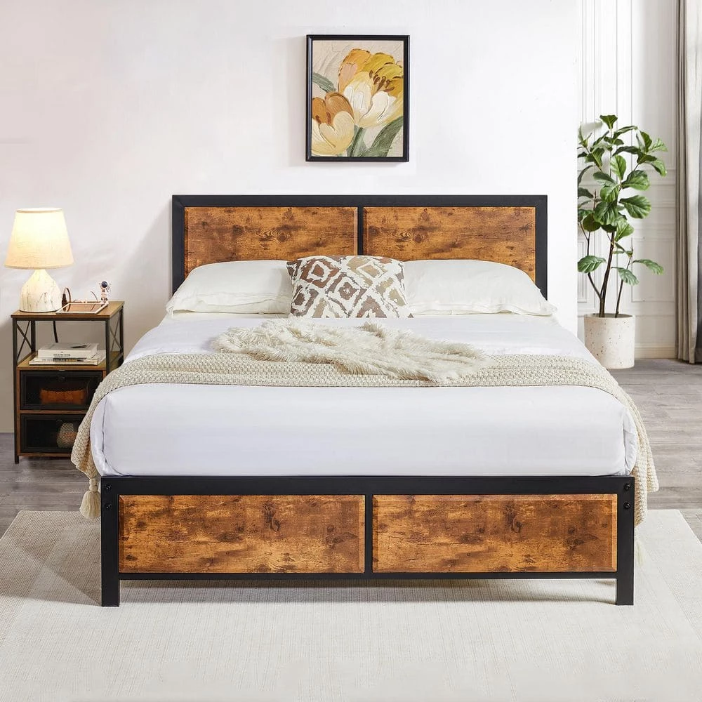 Full Size Platform Metal Bed Frame with Wooden Headboard and Footboard,Rustic Country Style Bed Frame,56.6"W,Brown by VECELO 5 Full Size Platform Metal Bed Frame with Wooden Headboard and Footboard,Rustic Country Style Bed Frame,56.6"W,Brown by VECELO - Image 3