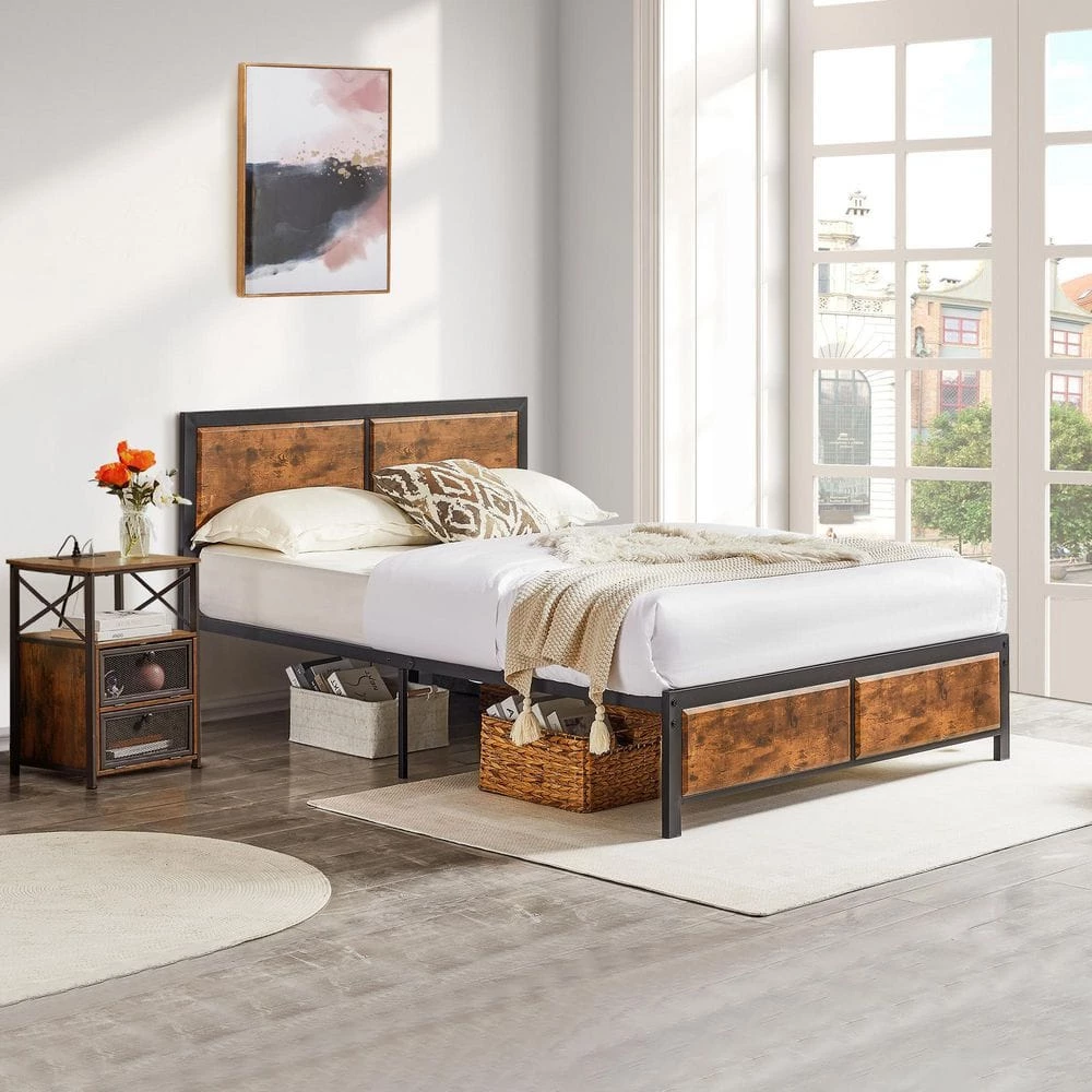 Full Size Platform Metal Bed Frame with Wooden Headboard and Footboard,Rustic Country Style Bed Frame,56.6"W,Brown by VECELO 4 Full Size Platform Metal Bed Frame with Wooden Headboard and Footboard,Rustic Country Style Bed Frame,56.6"W,Brown by VECELO - Image 2