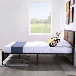 Full Size Platform Metal Bed Frame with Wooden Headboard and Footboard,Rustic Country Style Bed Frame,56.6"W,Brown by VECELO 16 Full Size Platform Metal Bed Frame with Wooden Headboard and Footboard,Rustic Country Style Bed Frame,56.6"W,Brown by VECELO -Camaflexi Shop brown vecelo platform beds khd btj mbf04 rbn fa 1000