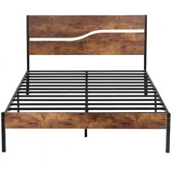 Queen Metal Platform Bed Frame with Wooden Headboard Platform Bed with Metal Frame Under Bed Storage, 62.1 in.W Brown by VECELO