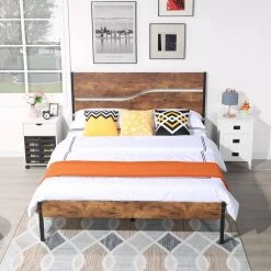 Queen Metal Platform Bed Frame with Wooden Headboard Platform Bed with Metal Frame Under Bed Storage, 62.1 in.W Brown by VECELO -Camaflexi Shop brown vecelo platform beds khd btj mbq03 rbn fa 1000