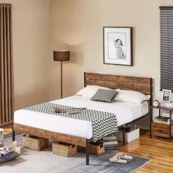 Queen Size Metal Platform Bed Frame with Wooden Headboard，Platform Bed with Metal Frame Under Bed Storage，62.1"W，Brown by VECELO -Camaflexi Shop brown vecelo platform beds qh btj mbq002 rbn 4f 1000