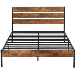 Queen Size Metal Platform Bed Frame with Wooden Headboard，Platform Bed with Metal Frame Under Bed Storage，62.1"W，Brown by VECELO