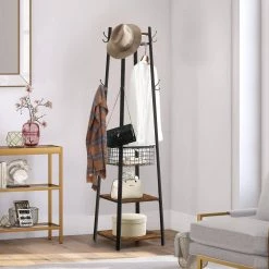 Brown Industrial Coat Rack Freestanding, Clothes Stand with Metal Basket and 2-Shelves, Purse Hanger with 8-Dual Hooks by VECELO -Camaflexi Shop brown3 vecelo coat racks khd xjm fh01 atb 1f 1000