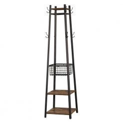 Brown Industrial Coat Rack Freestanding, Clothes Stand with Metal Basket and 2-Shelves, Purse Hanger with 8-Dual Hooks by VECELO