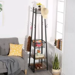 Brown Industrial Coat Rack Freestanding, Clothes Stand with Metal Basket and 2-Shelves, Purse Hanger with 8-Dual Hooks by VECELO -Camaflexi Shop brown3 vecelo coat racks khd xjm fh01 atb c3 1000