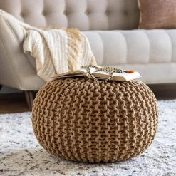 Altena Solid Camel Cotton Round Accent Pouf by Artistic Weavers -Camaflexi Shop camel artistic weavers ottomans s00161020414 31 1000