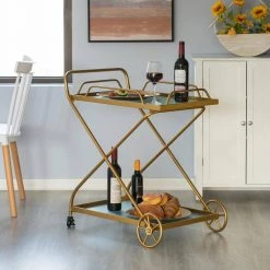 Gold Metal Wine Bar Serving Cart with Rolling Wheels and Handles for Dining Living room or Entryway by Vintiquewise -Camaflexi Shop gold vintiquewise bar carts qi004278 44 1000