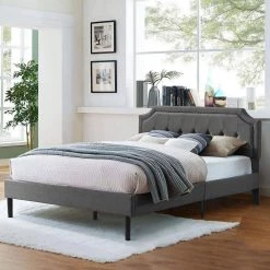 Classic Bed Frame, Gray Metal Frame，Full Size Upholstered Platform Bed with Sturdy Wood Slat Support & Headboard by VECELO -Camaflexi Shop gray platform beds khd btj rf02 4f 1000