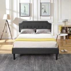 Classic Bed Frame, Gray Metal Frame，Full Size Upholstered Platform Bed with Sturdy Wood Slat Support & Headboard by VECELO