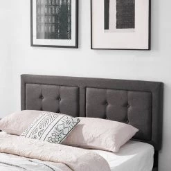 Metal + Wooden Bar Upholstered Premium Platform Bed, Grey Finely Polyfabric Upholstered Full Size Bed, 56.2"W by VECELO -Camaflexi Shop gray vecelo platform beds khd btj rf01 31 1000